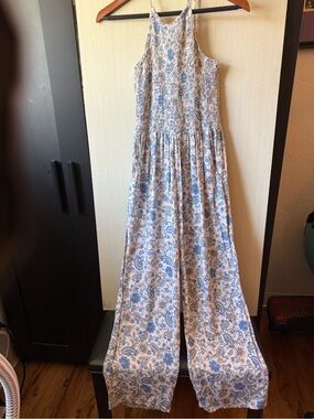 Blue & White Paisley Halter Jumpsuit - Sleeveless Wide Leg